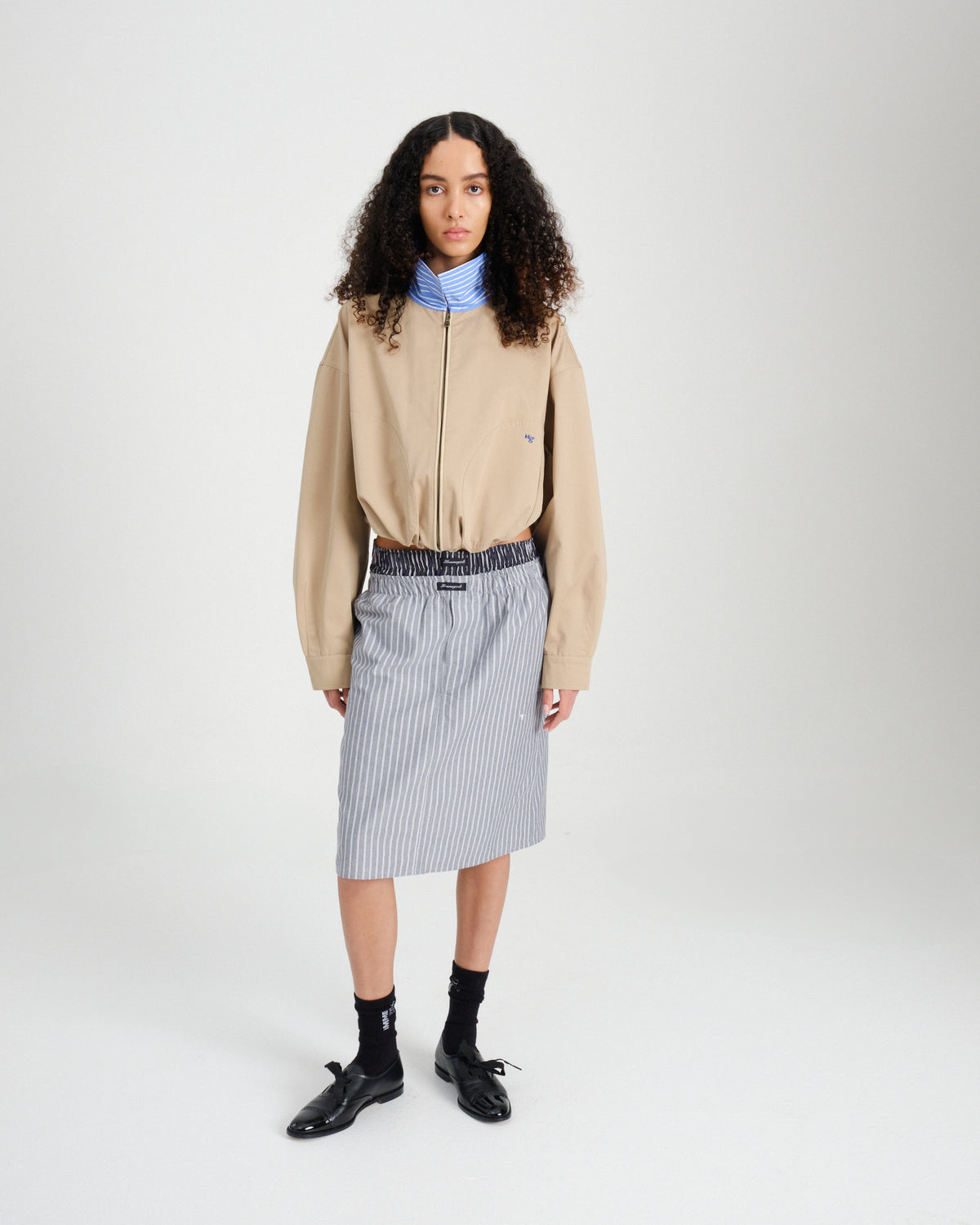 Boxer Pencil Skirt in Grey Stripe Oxford