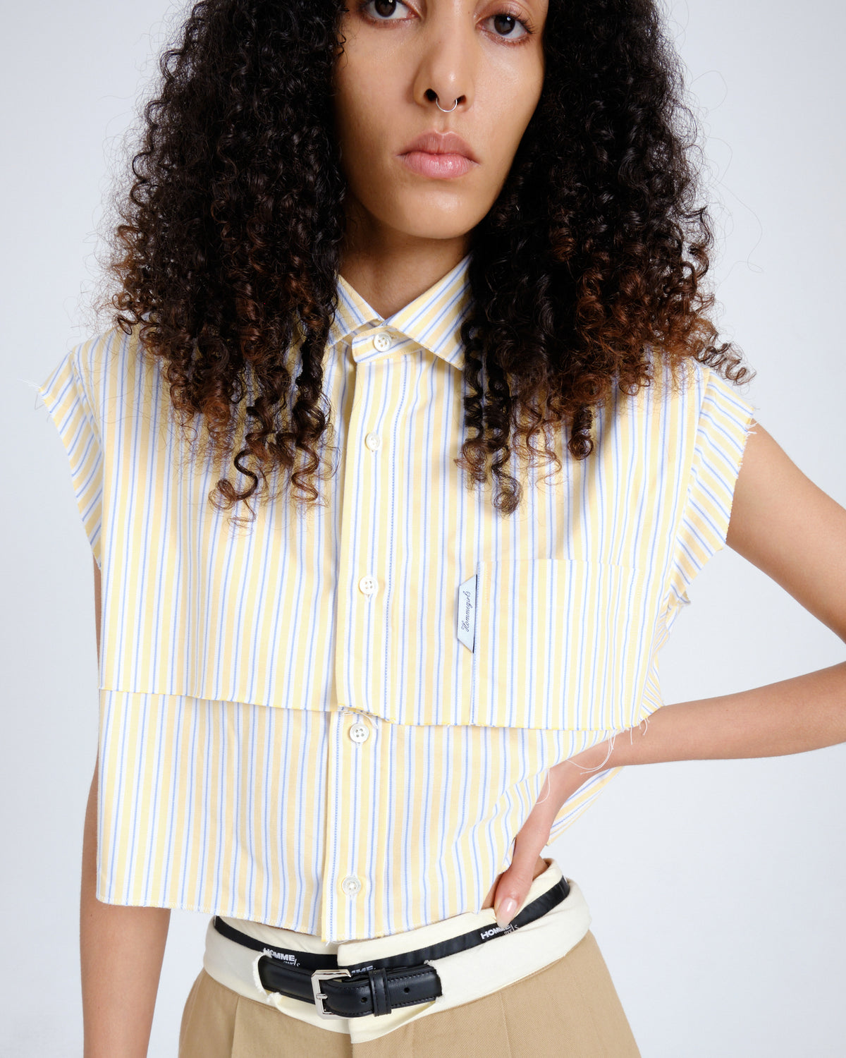 Sleeveless Layered Cropped Shirt in Yellow Oxford Stripe