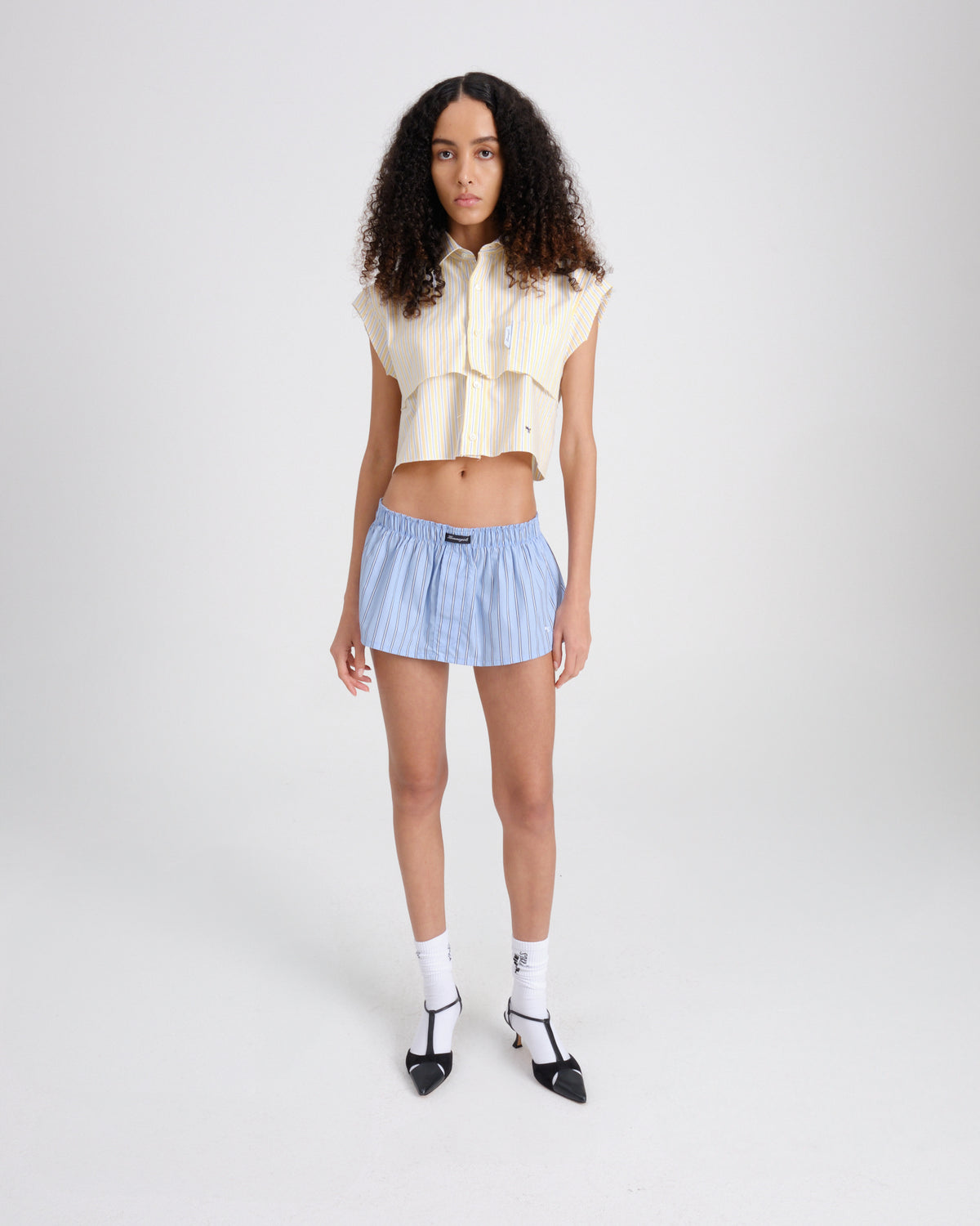Sleeveless Layered Cropped Shirt in Yellow Oxford Stripe