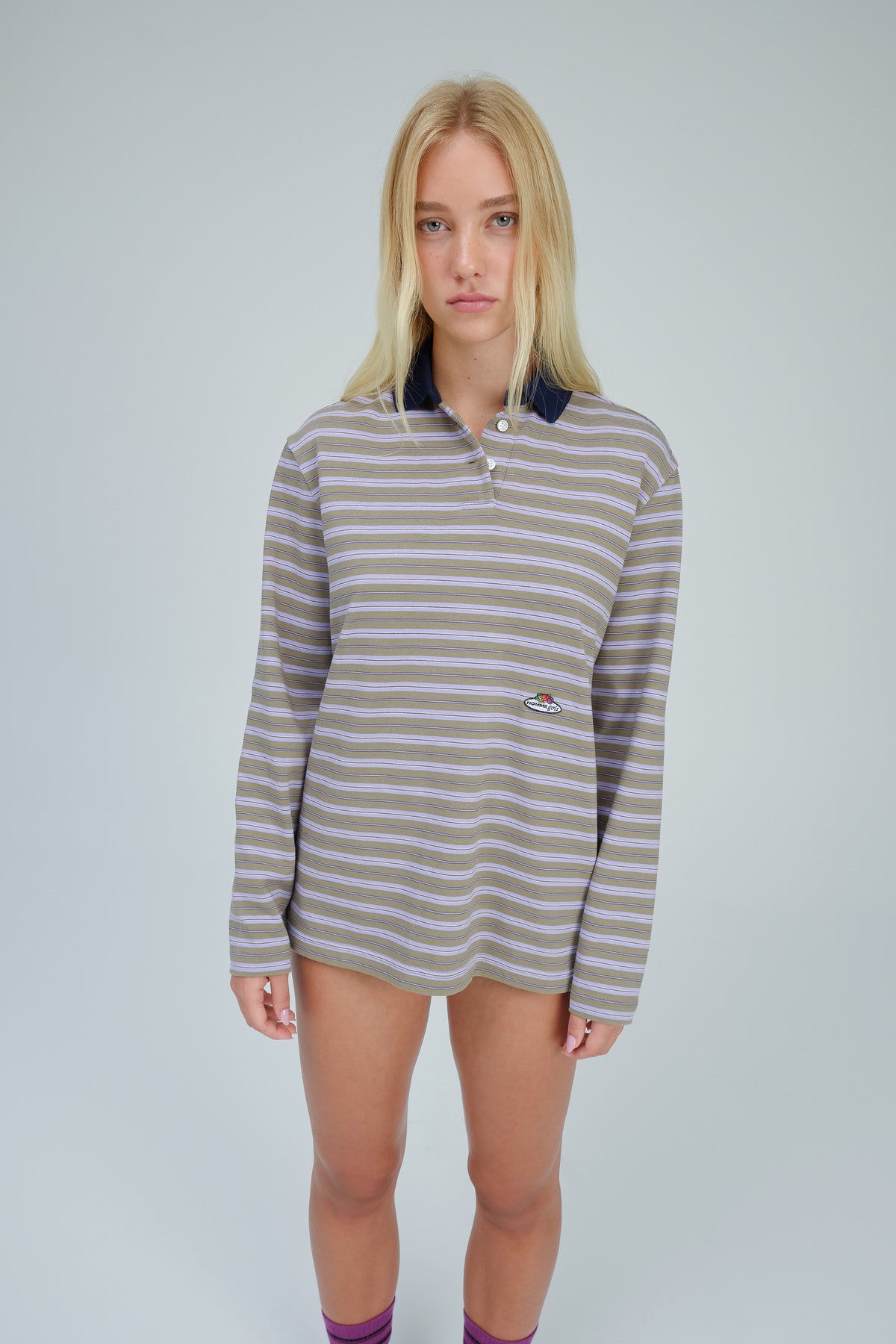 HommeGirls x Fruit Of The Loom Polo in Lilac Stripe