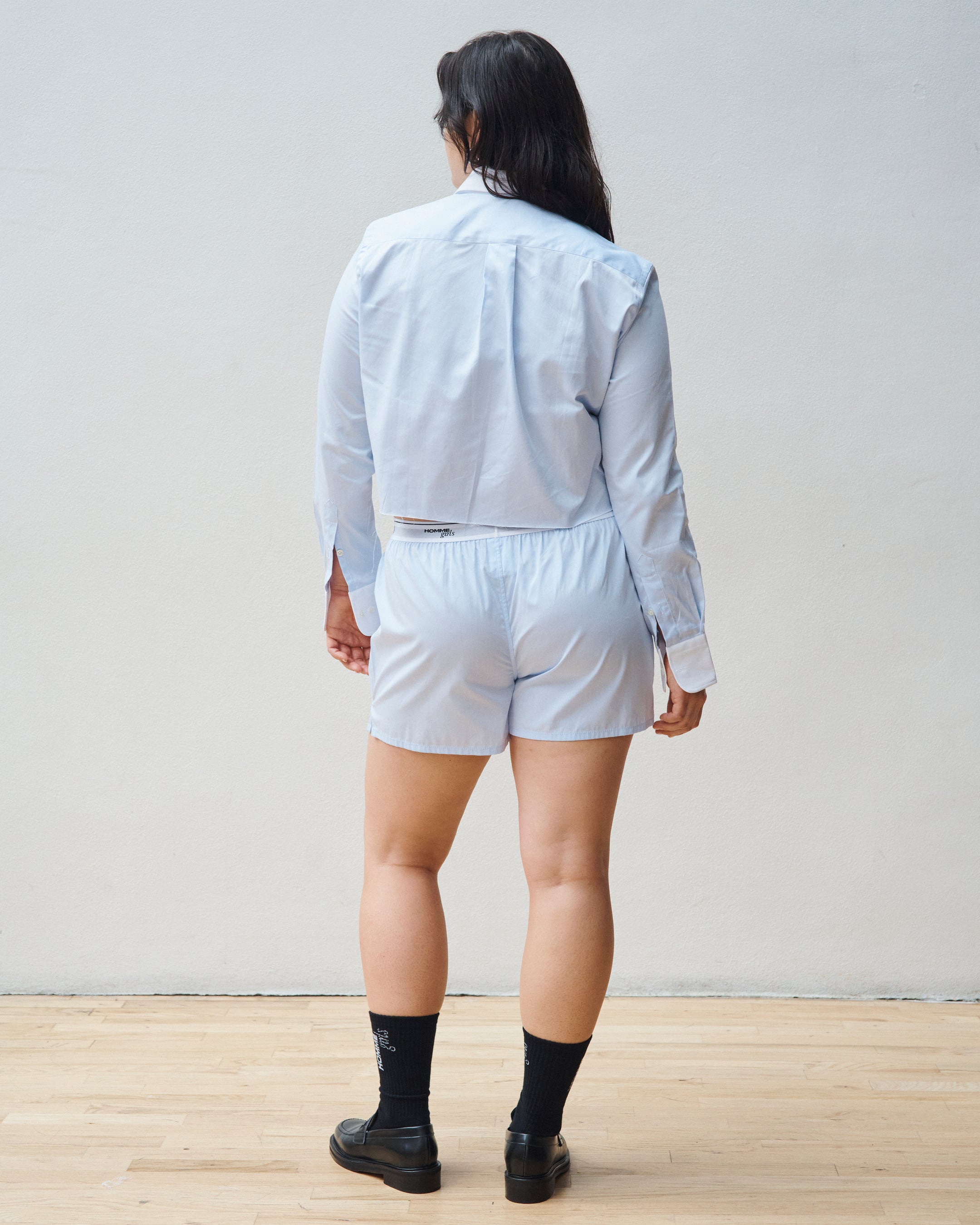 Chambray Blue Cropped Shirt With Contrast Collar
