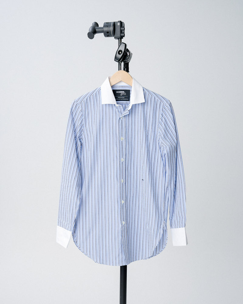 Multi Blue Stripe Shirt With Contrast Collar HOMMEGIRLS Multi Blue Stripe Shirt With Contrast Collar HOMMEGIRLS