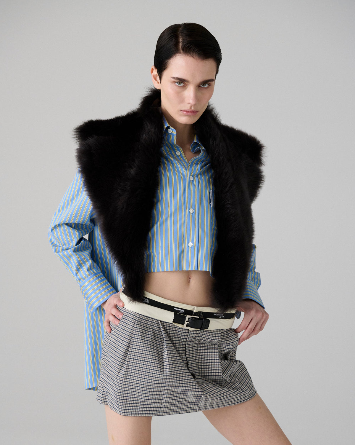 Flip Waist Mini Skirt with Belt in Check Plaid