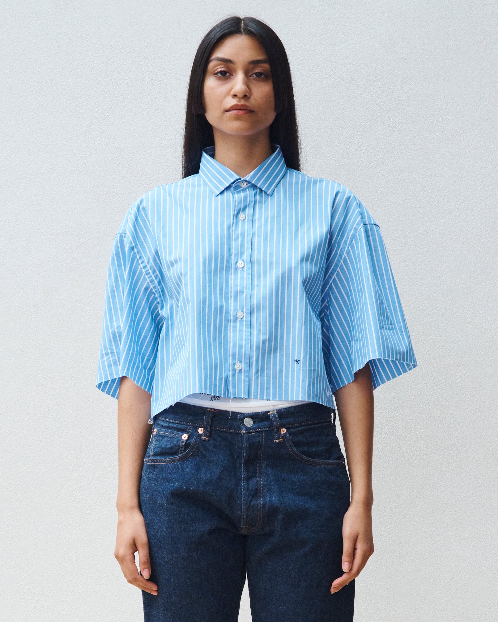 Oversized Cropped Shirt in Classic Stripe