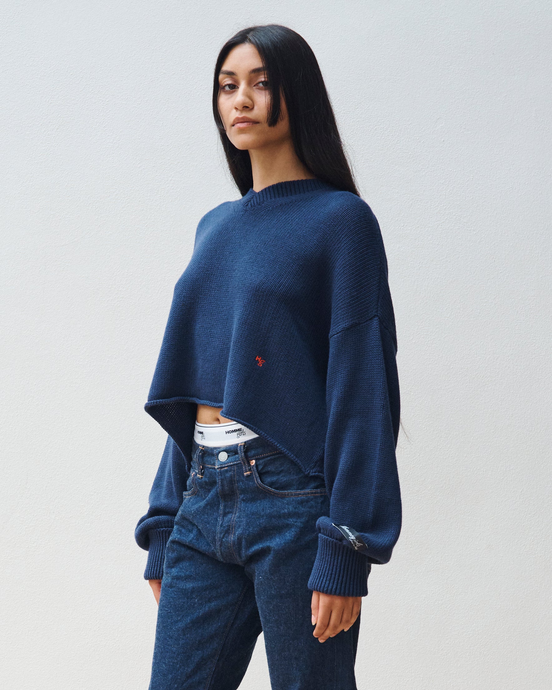 Cropped V-Neck Sweater in Navy
