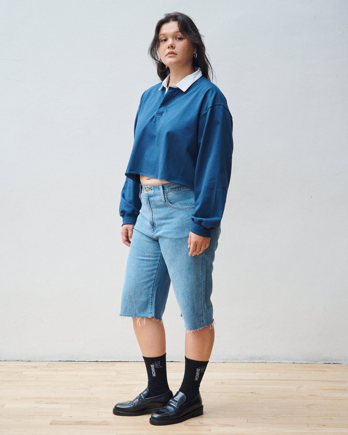 Cropped Rugby Shirt in Navy