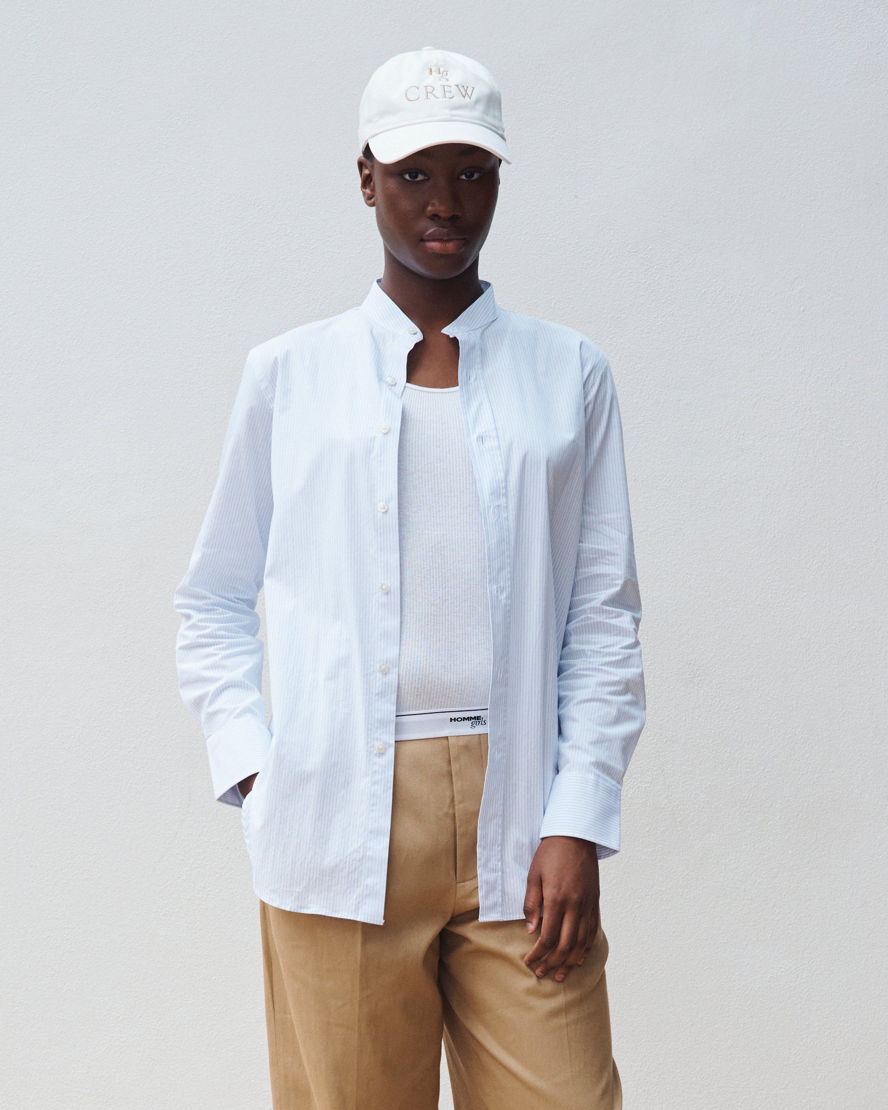 Collarless White Stripe Shirt