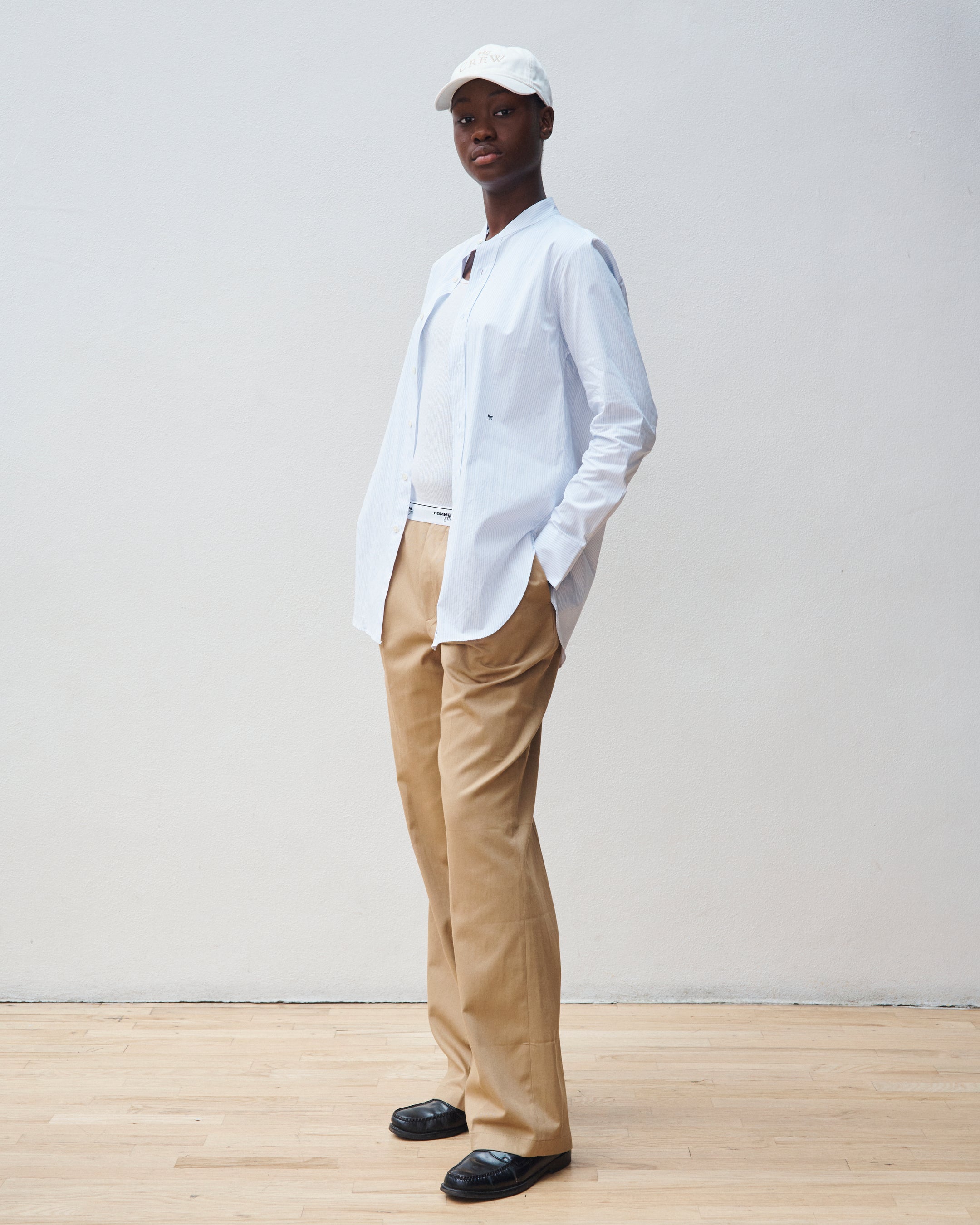 Collarless White Stripe Shirt