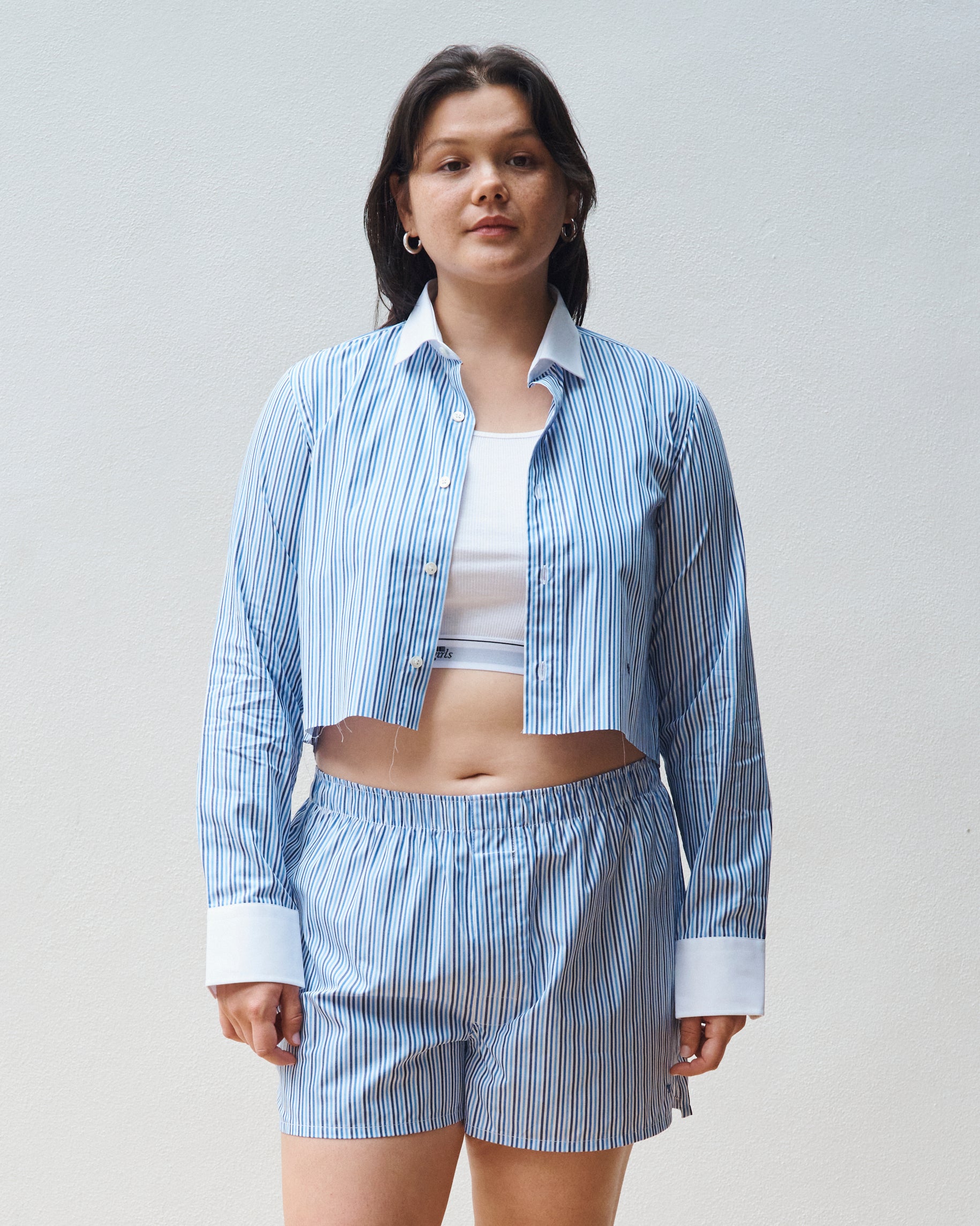 Multi Blue Stripe Cropped Shirt