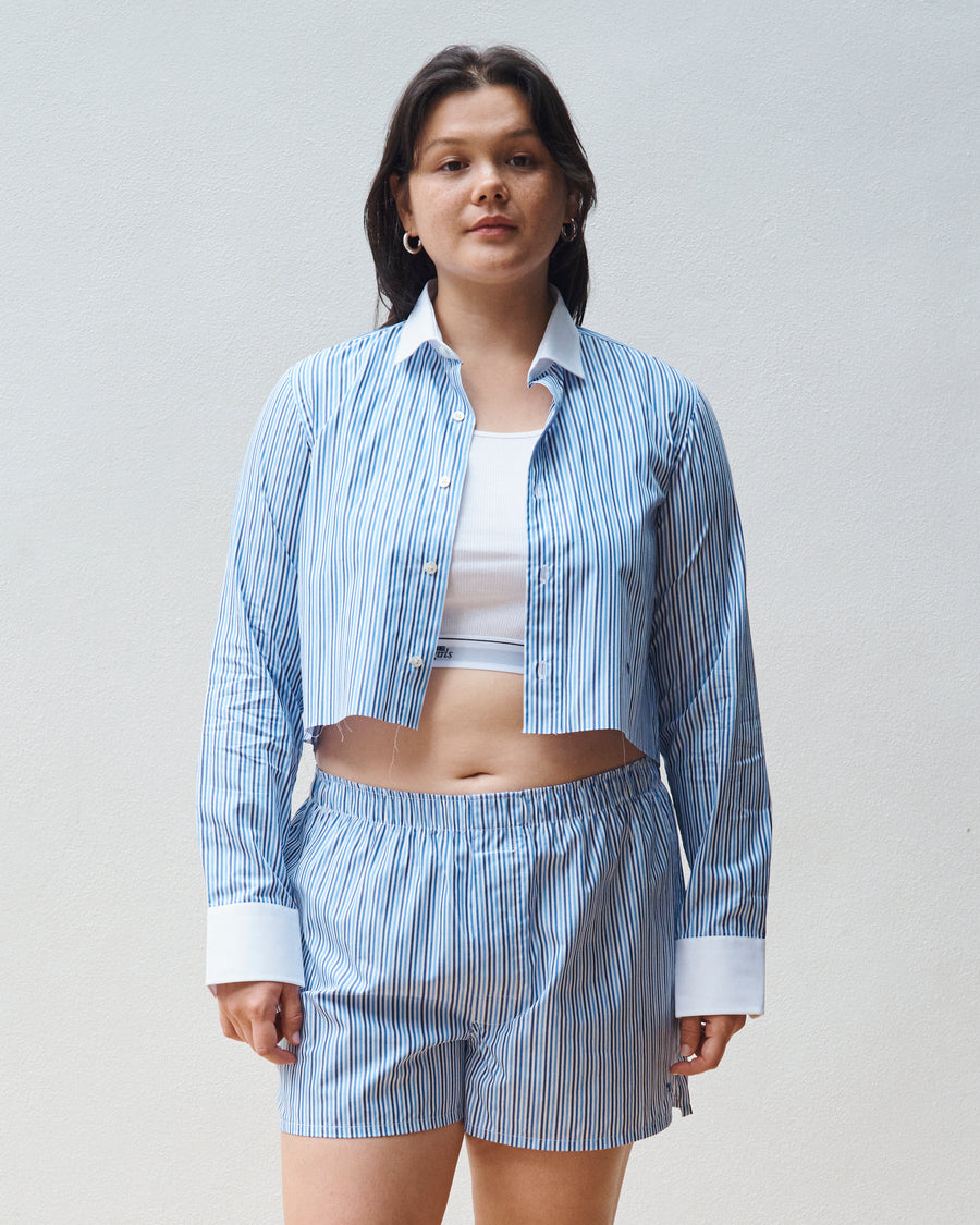 Multi Blue Stripe Cropped Shirt