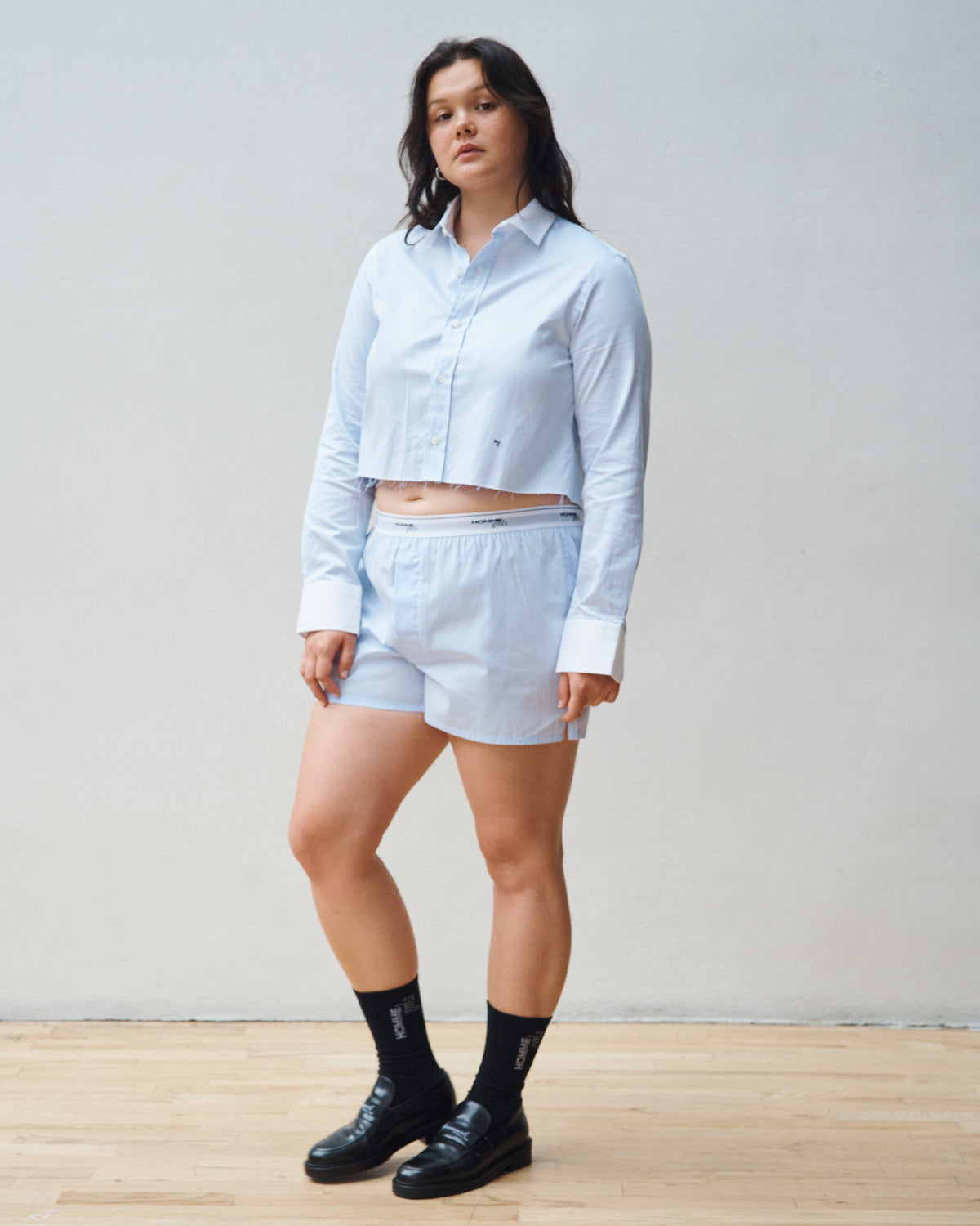 Chambray Blue Cropped Shirt With Contrast Collar