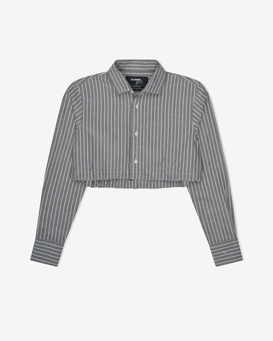 Cropped Tie Back Shirt in Oxford Grey Stripe