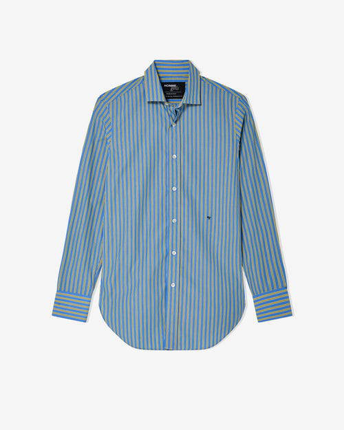 blue and yellow dress shirt Portuguese Yellow and Light Blue Wide Stripe Cotton Linen Oxford Shirt