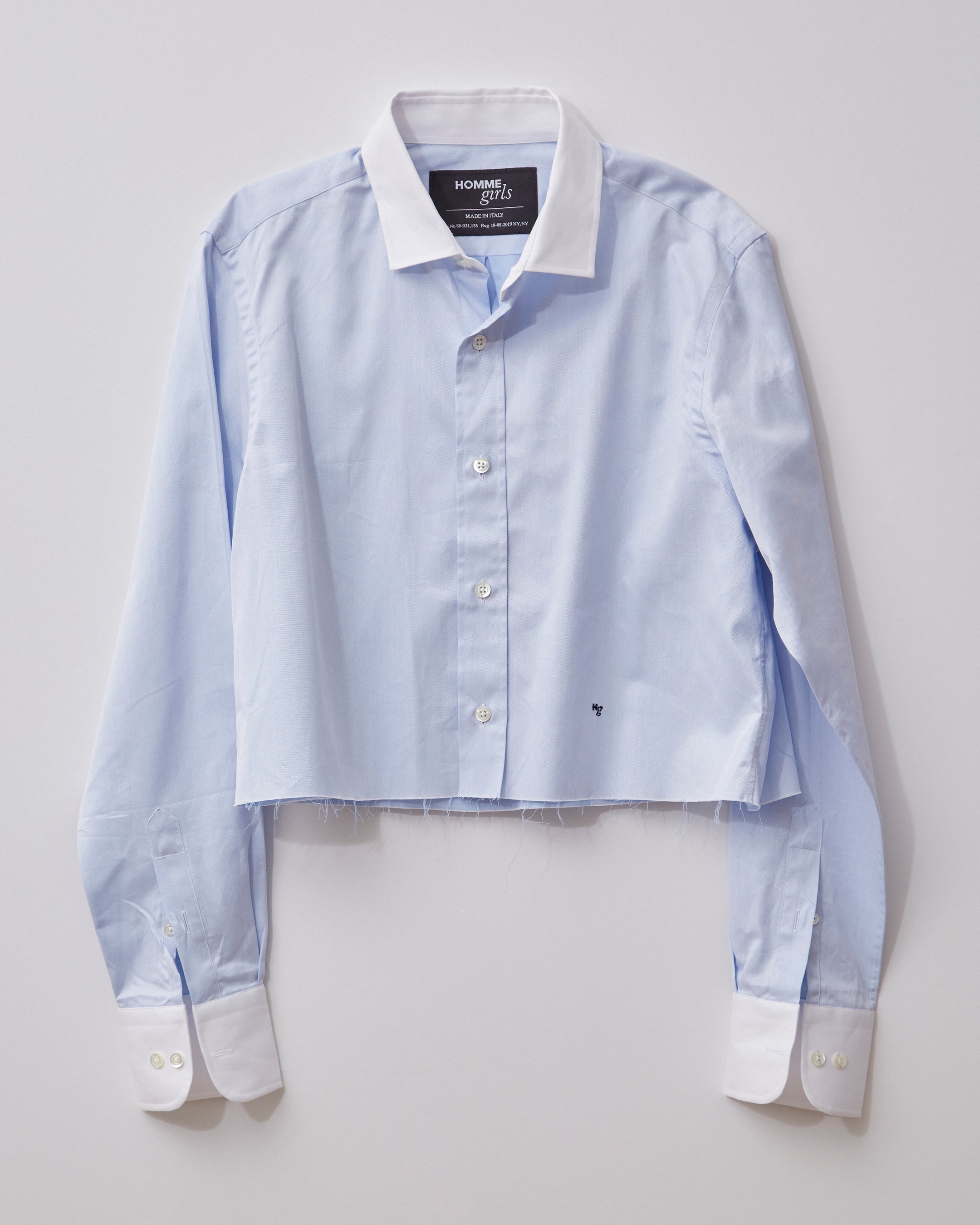 Chambray Blue Cropped Shirt With Contrast Collar