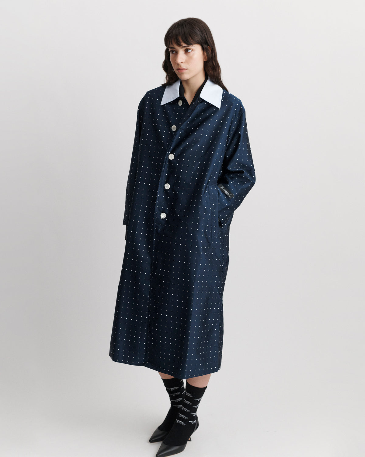 Swing Coat in Navy Polka Dot
