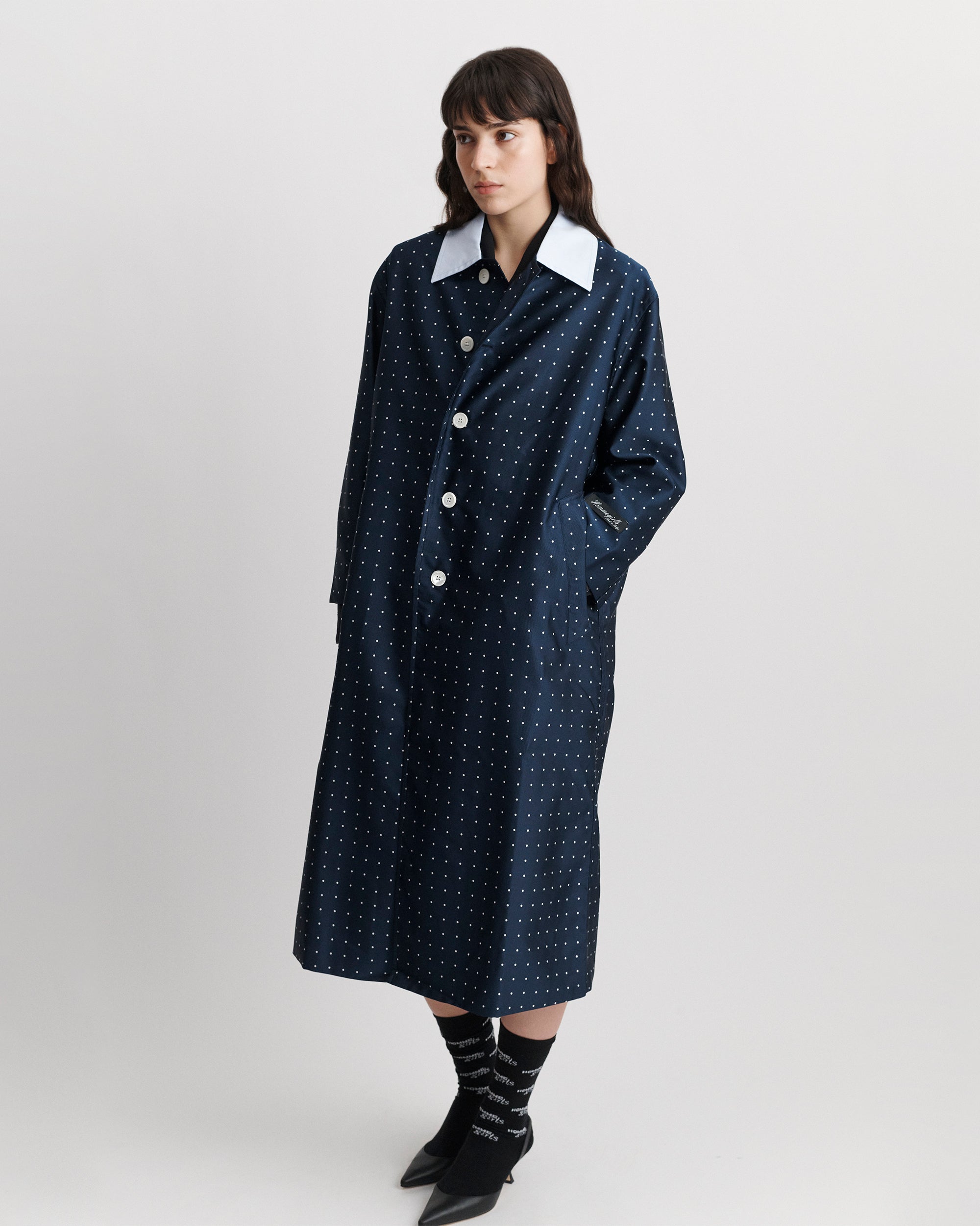 Swing Coat in Navy Polka Dot