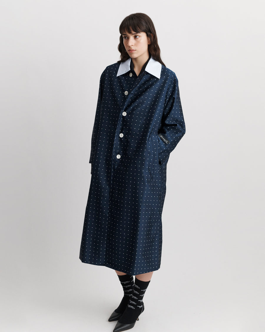 Swing Coat in Navy Polka Dot