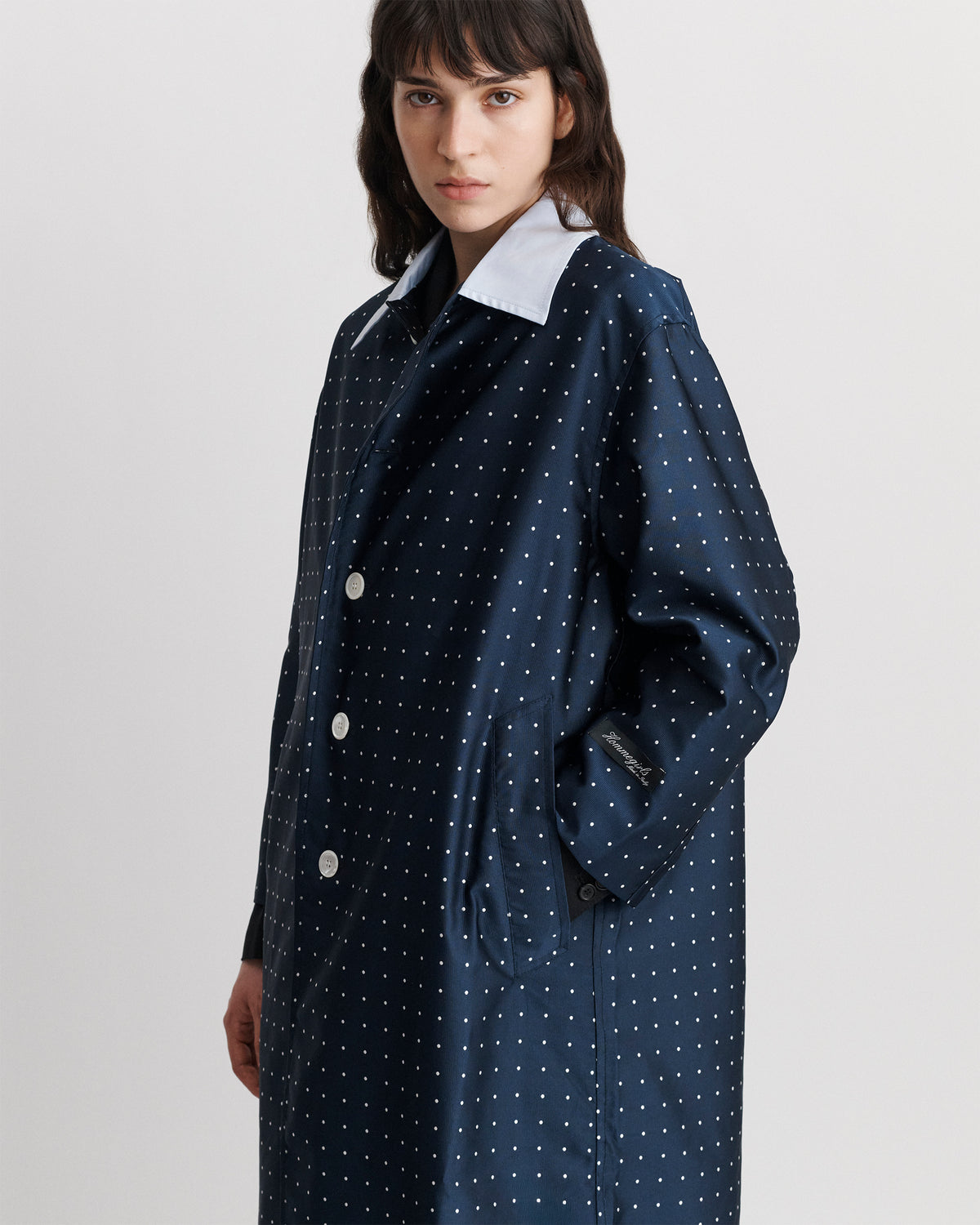 Swing Coat in Navy Polka Dot