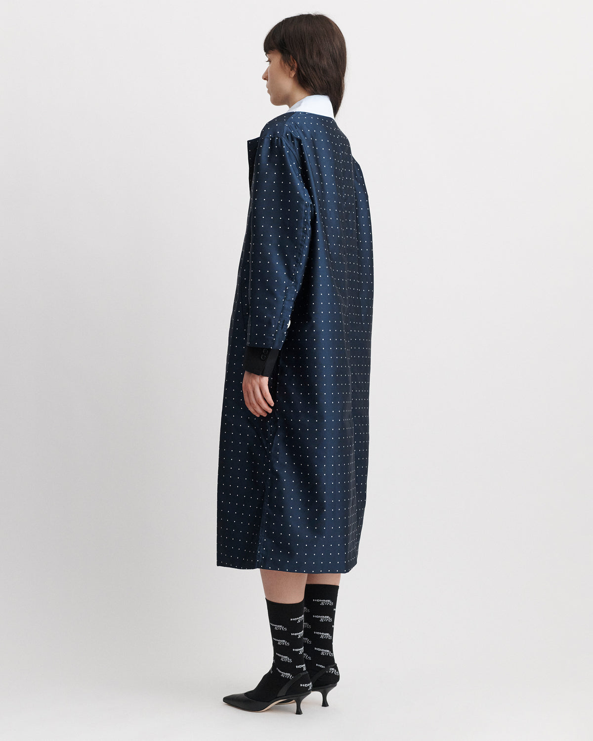 Swing Coat in Navy Polka Dot
