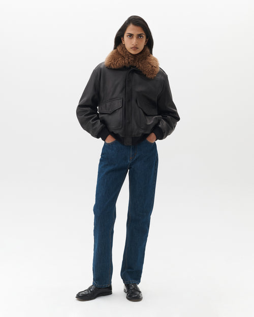 Leather Bomber with Shearling Collar in Dark Brown