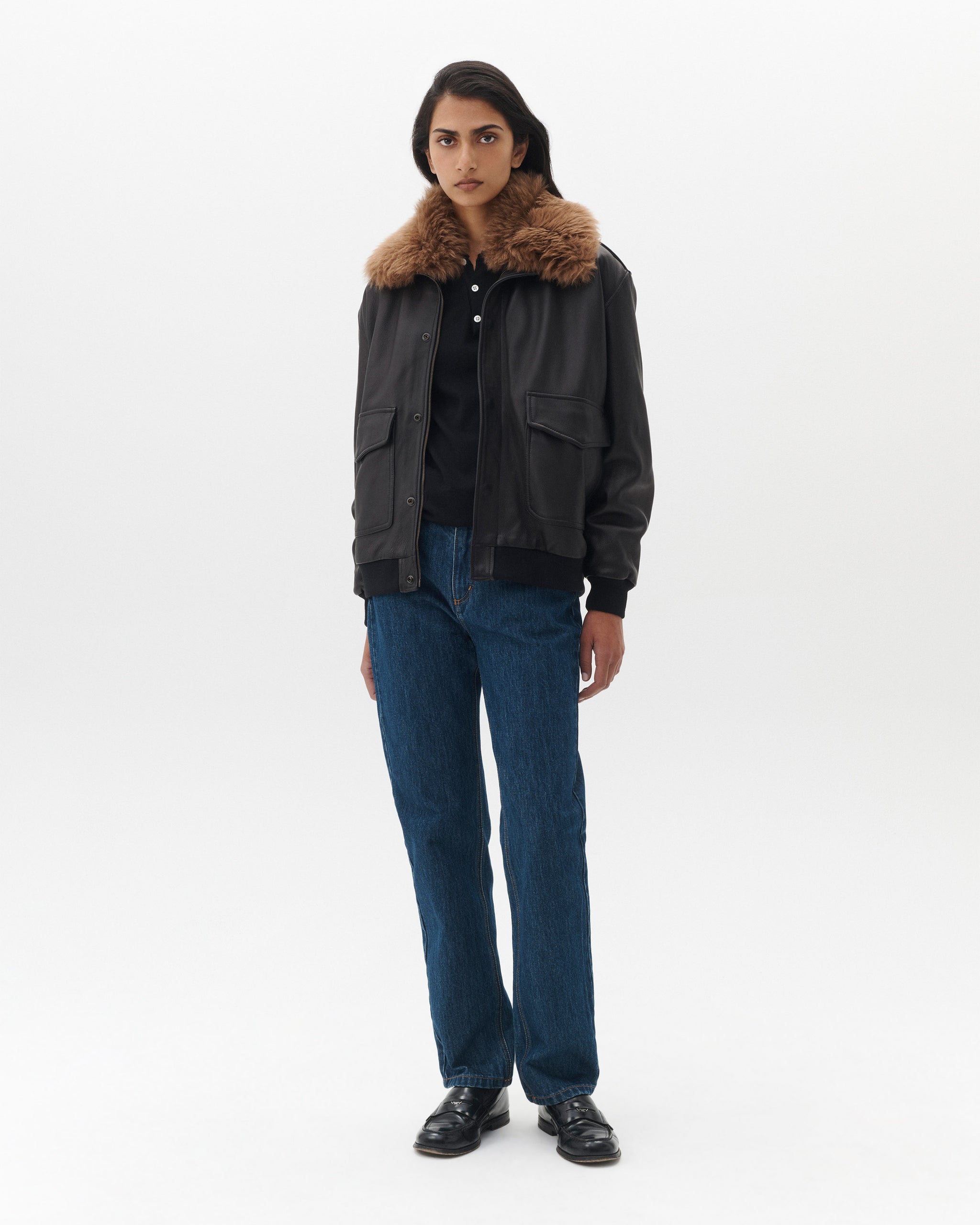 Leather Bomber with Shearling Collar in Dark Brown