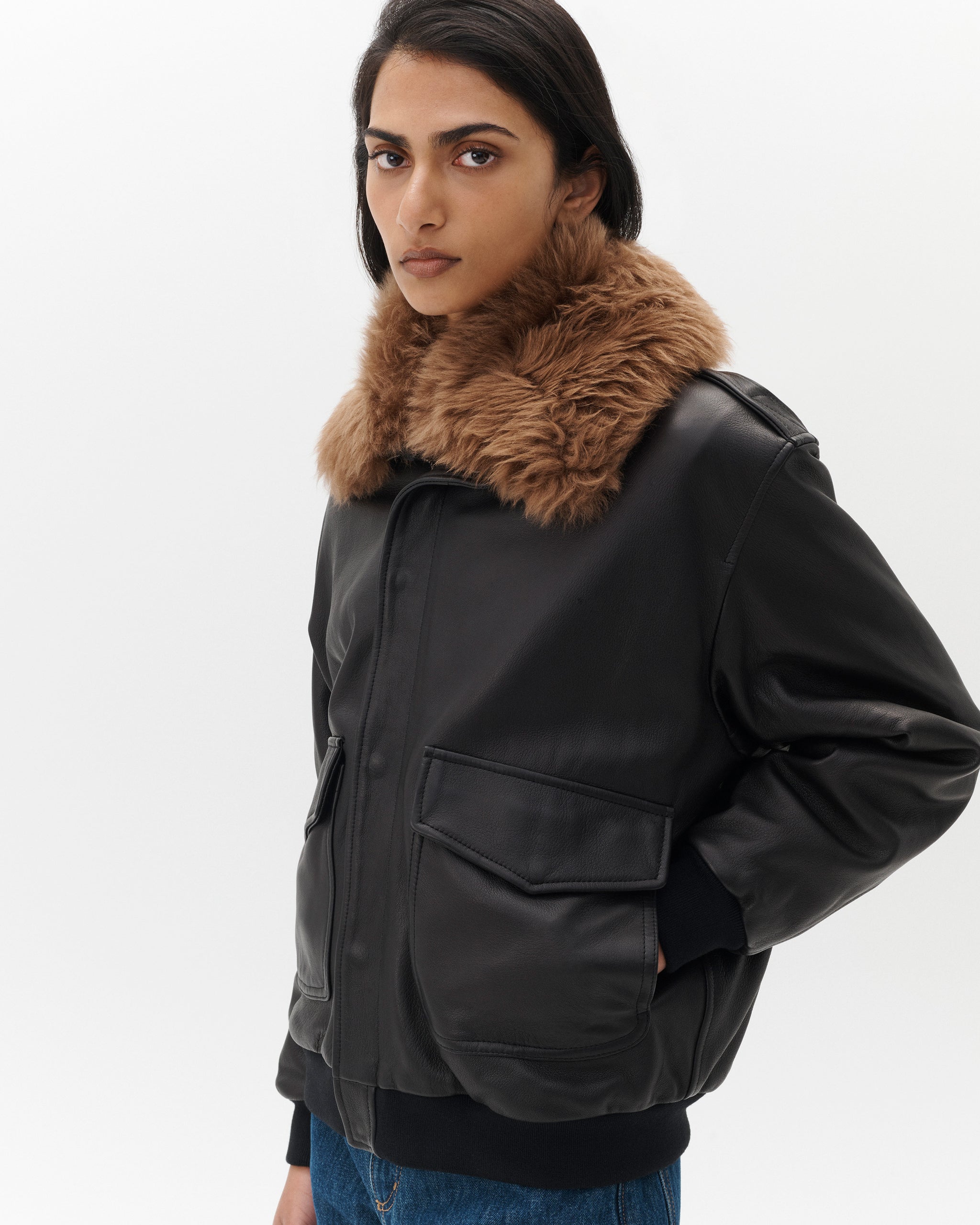 Leather Bomber with Shearling Collar in Dark Brown