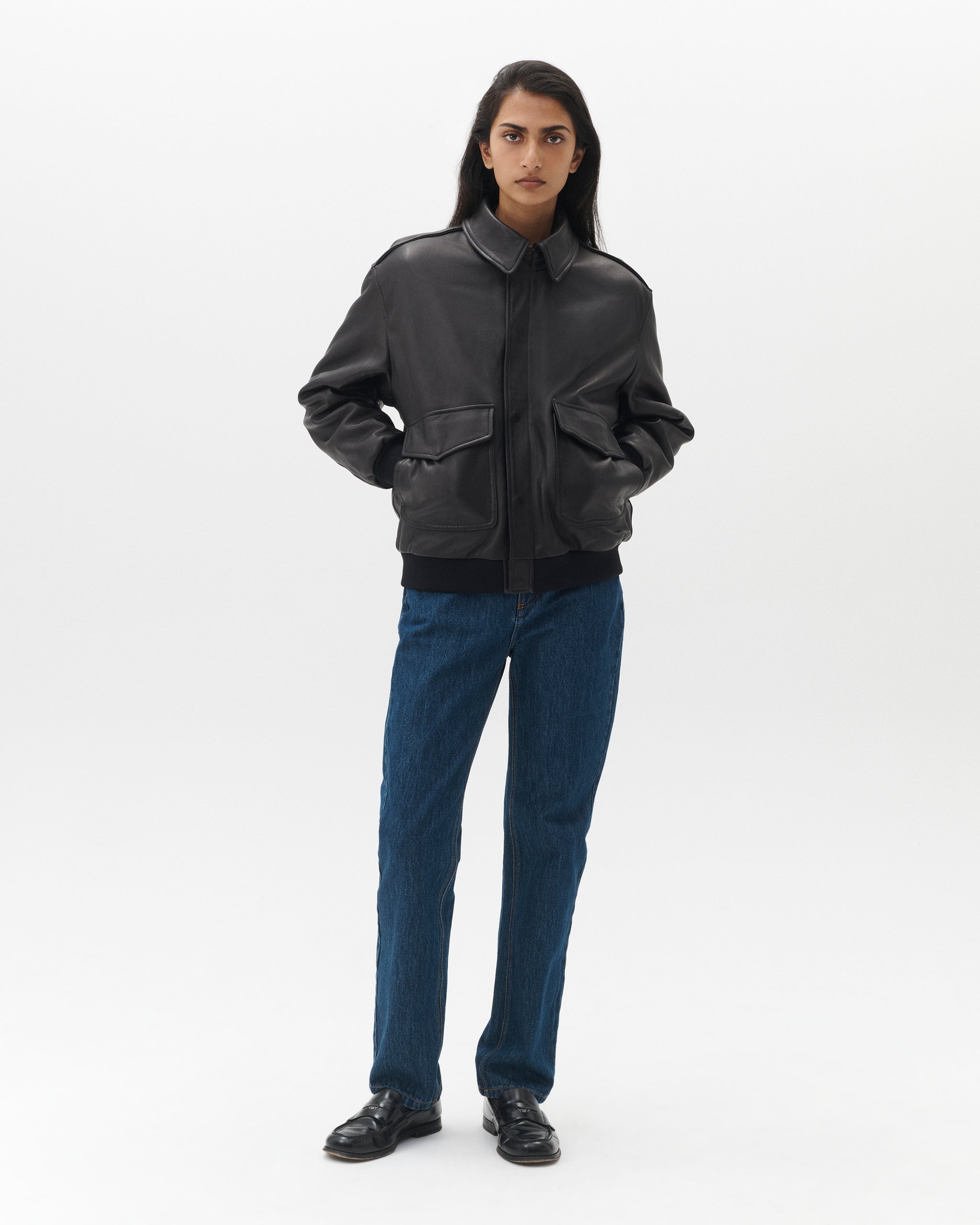 Leather Bomber with Shearling Collar in Dark Brown