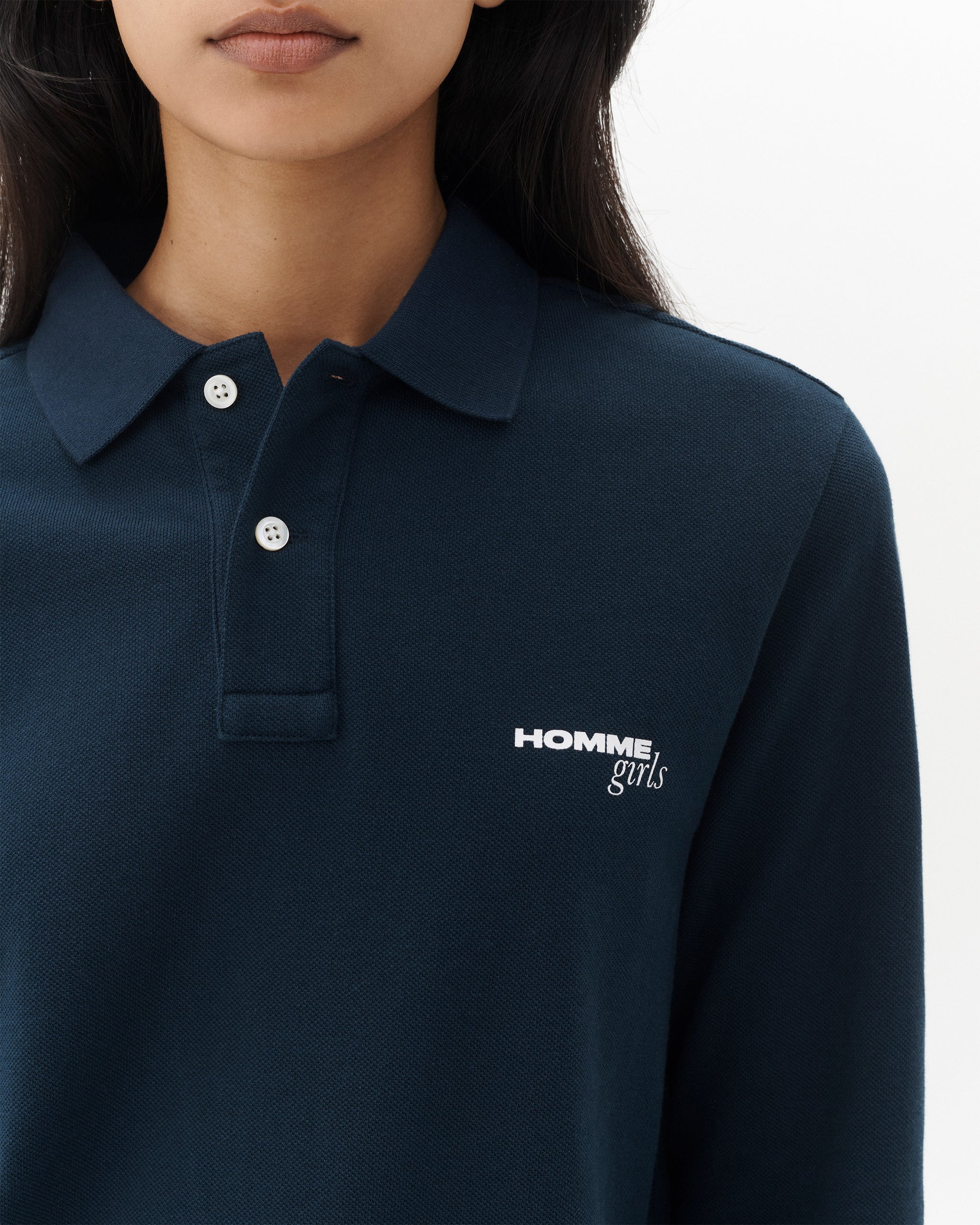 Long Sleeve Pique Polo in Navy