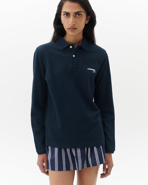 Long Sleeve Pique Polo in Navy