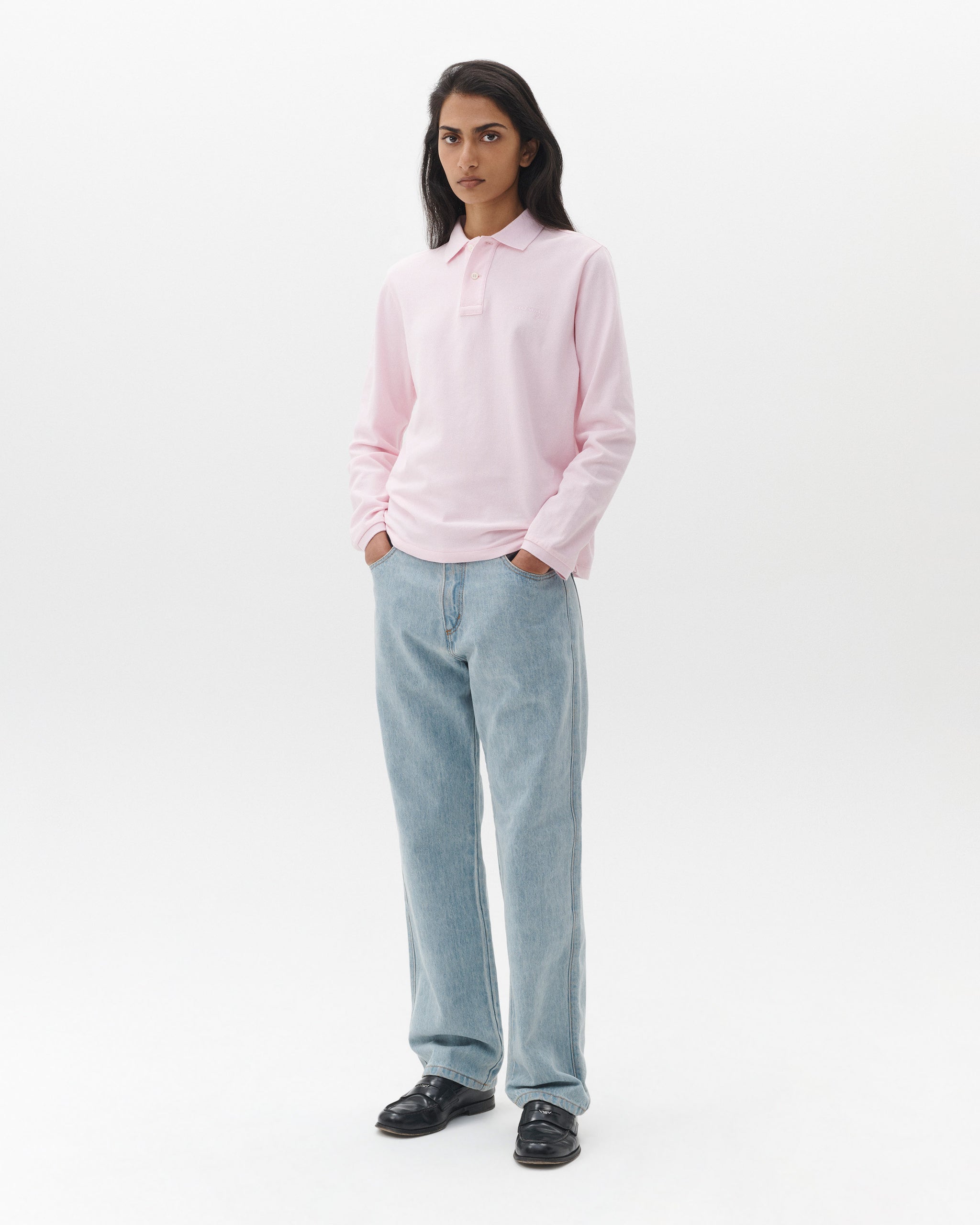 Long Sleeve Pique Polo in Pink