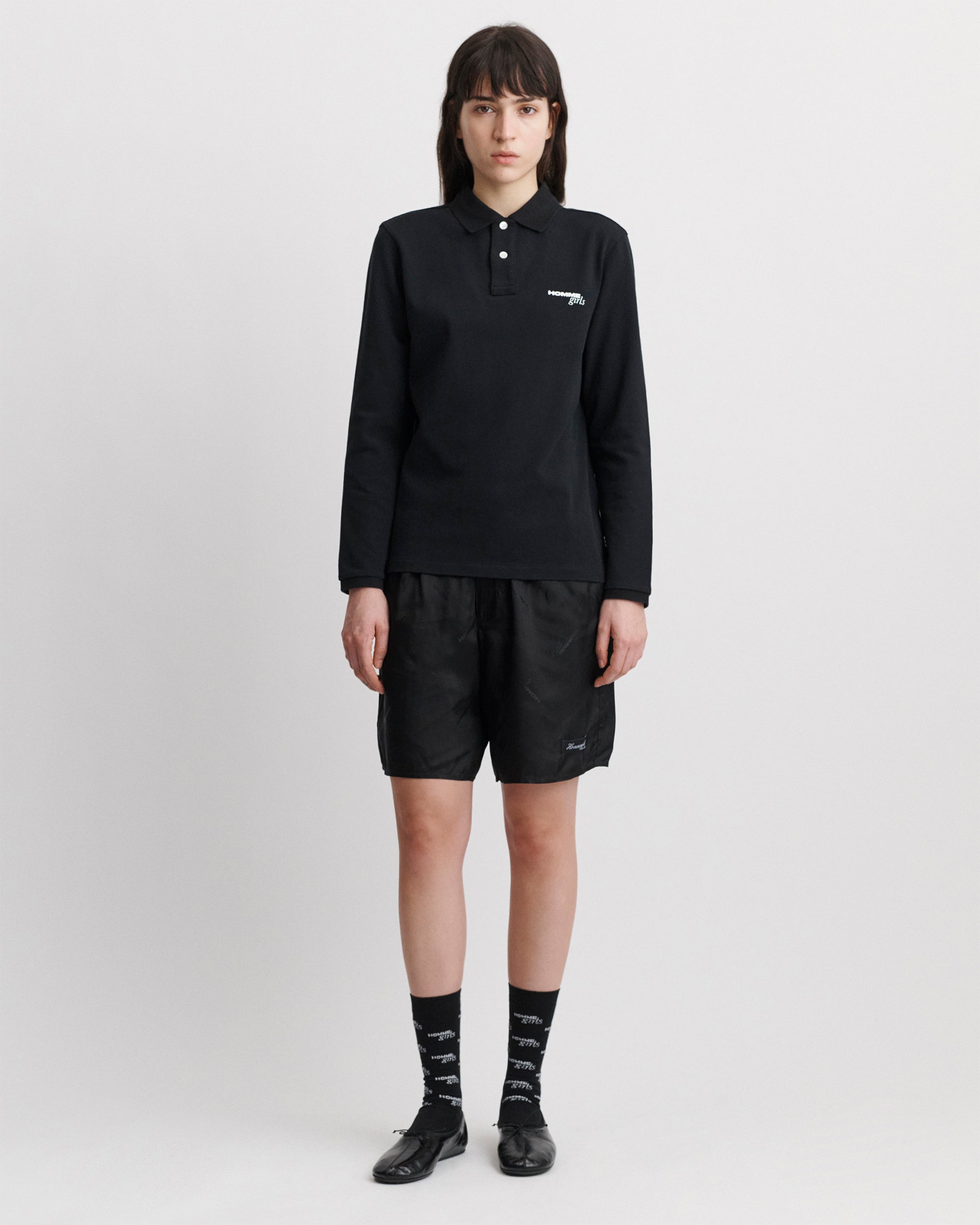 Long Sleeve Pique Polo in Black