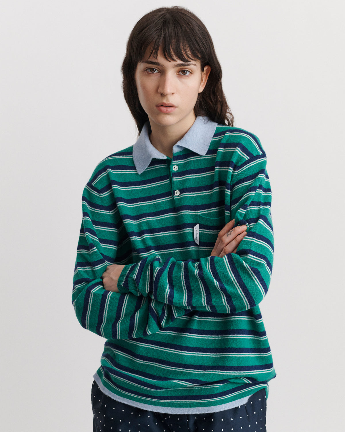 Cashmere Knit Polo in Green Stripe