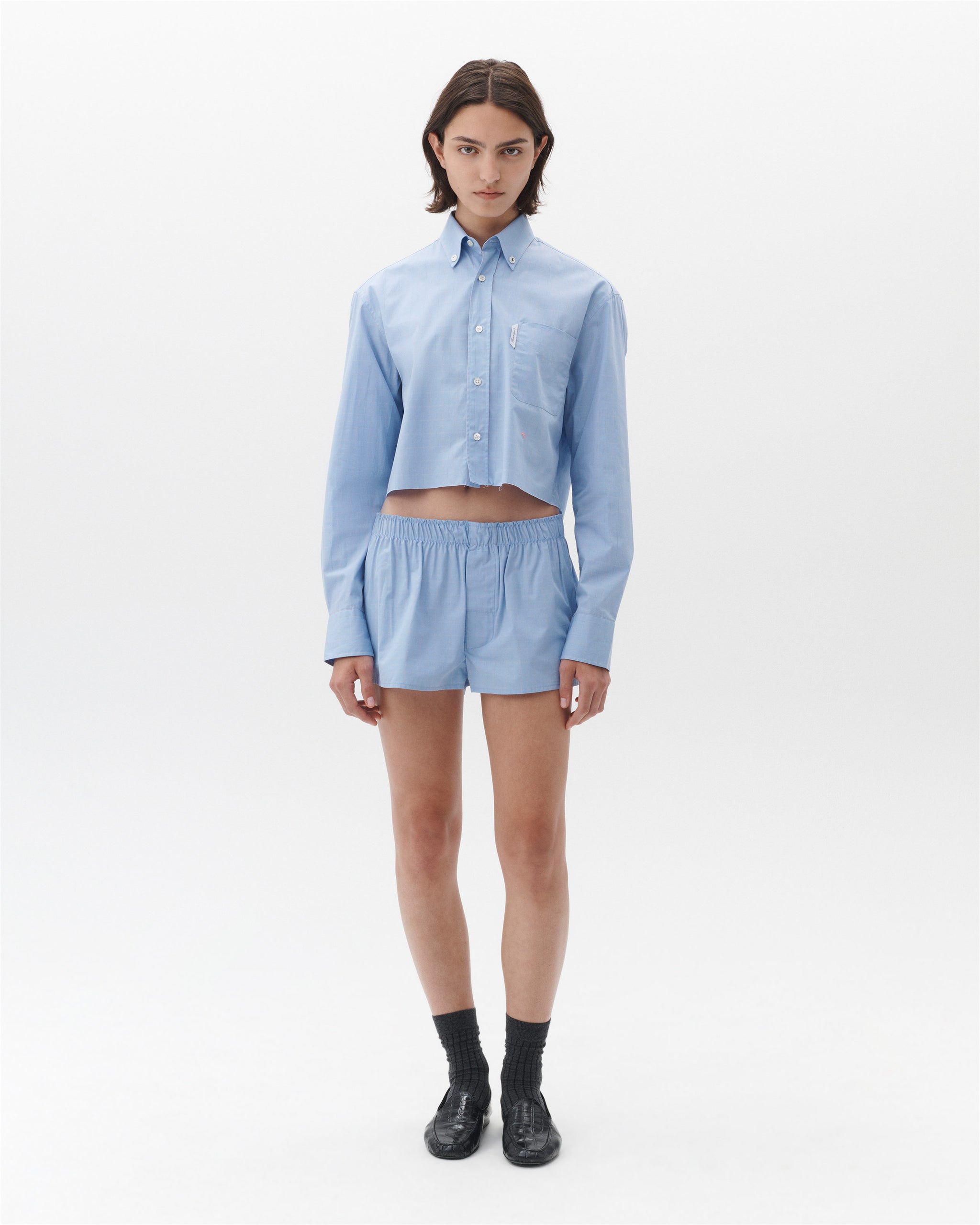 Cropped Oxford Shirt in Blue Graph
