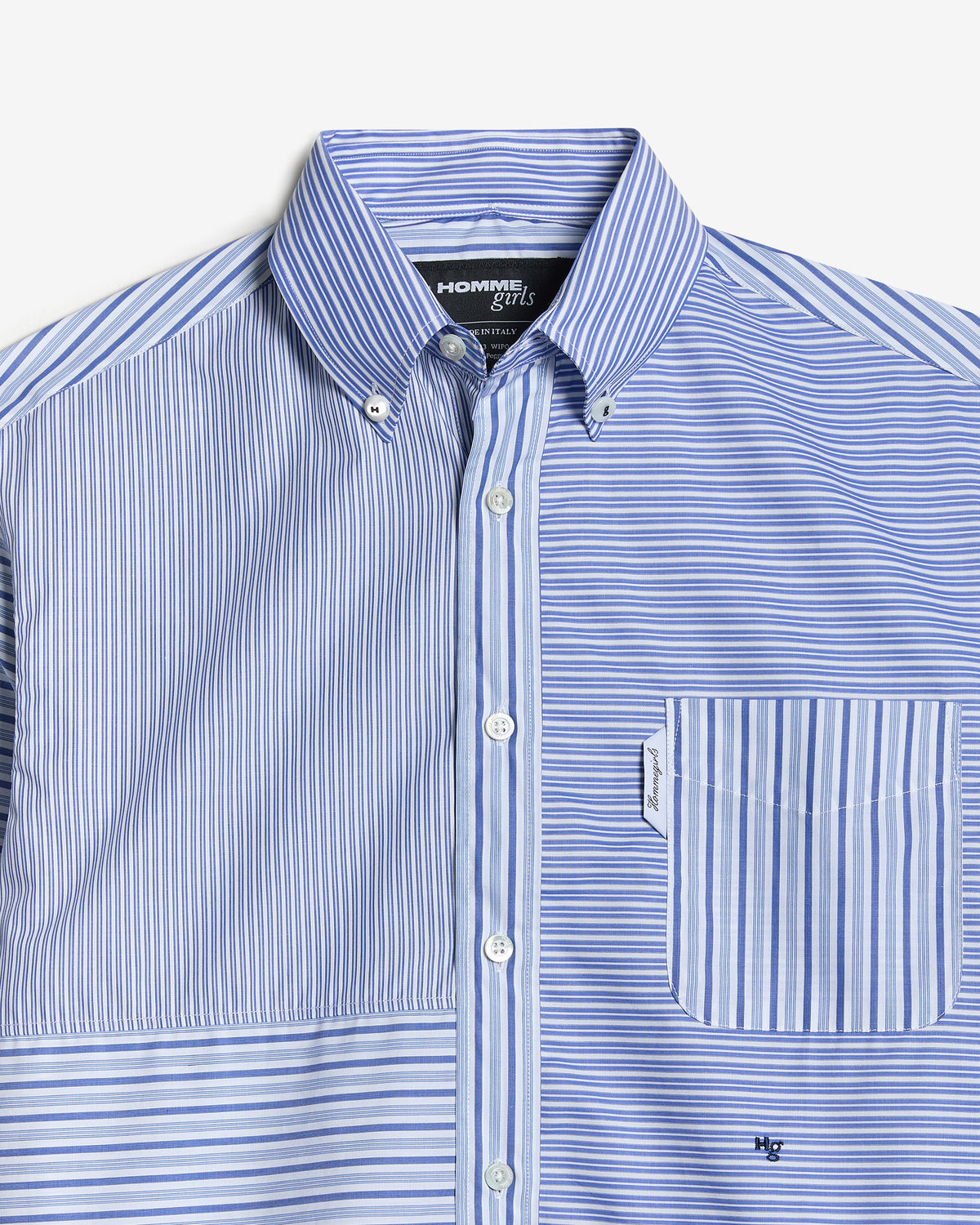white dress shirt with blue stripes HOMMEGIRLS Fall 23 D1 Patchwork Shirt in Blue Stripe Combo L / Stripe Combo