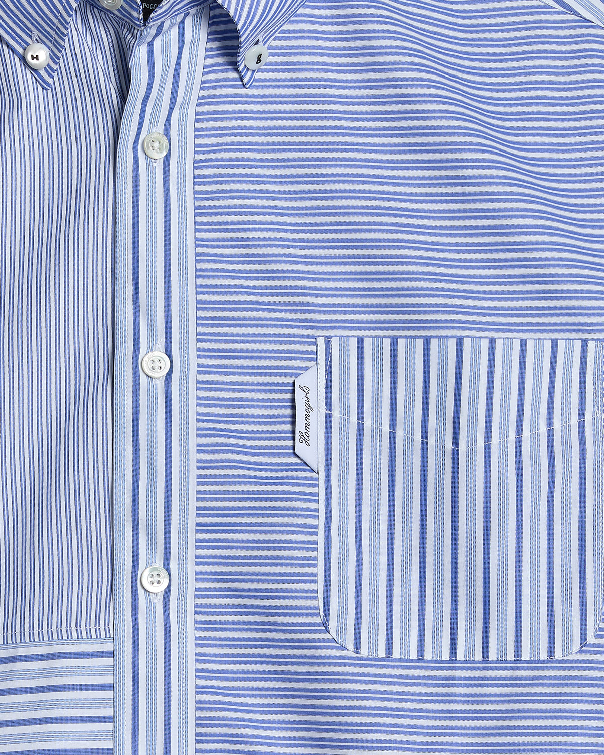 blue and white striped dress shirt HOMMEGIRLS Fall 23 D1 Patchwork Shirt in Blue Stripe Combo L / Stripe Combo