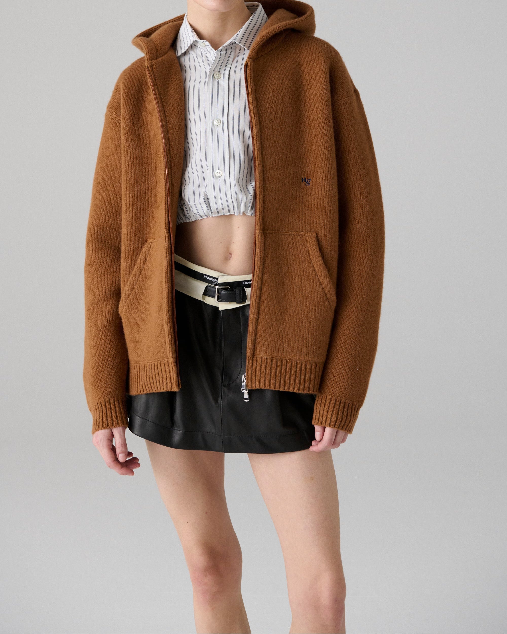 Leather Flip Waist Mini Skirt with Belt