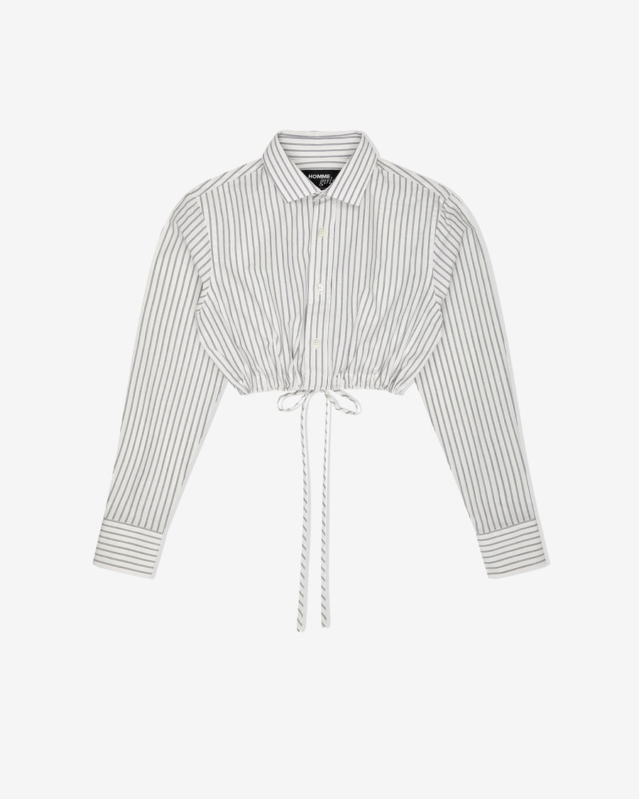 Cropped Tie Back Shirt in White Japanese Stripe