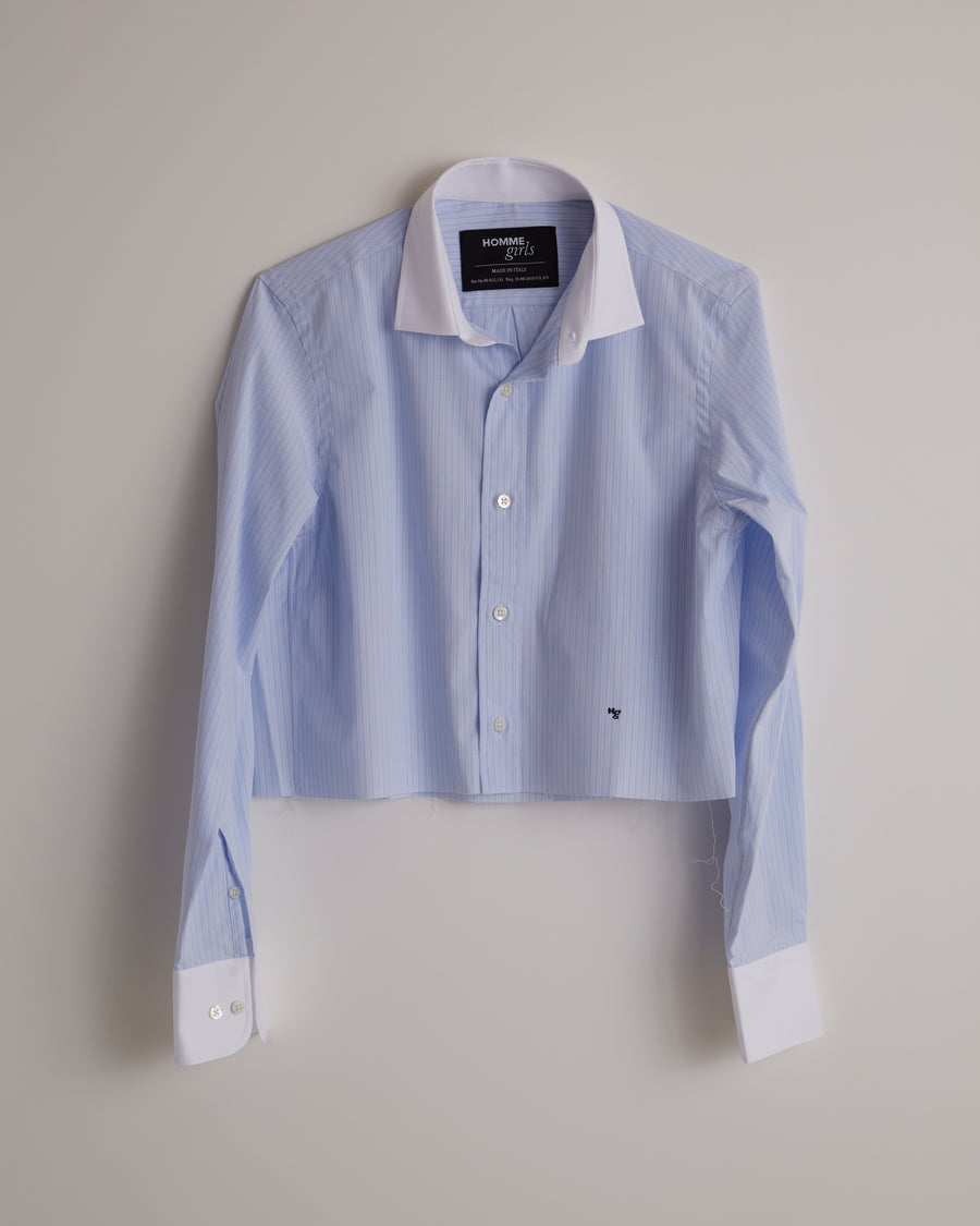 Ticking Stripe Cropped Shirt With Contrast Collar